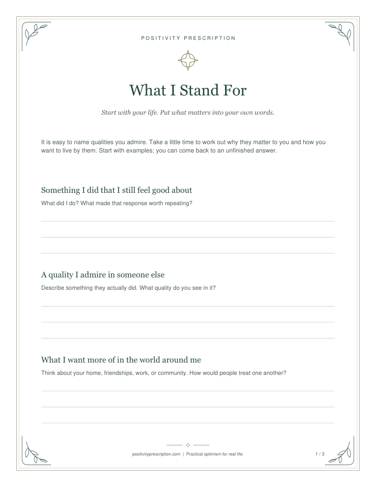 What I Stand For, page 1 of 3. The wording is also available under Read the prompts.
